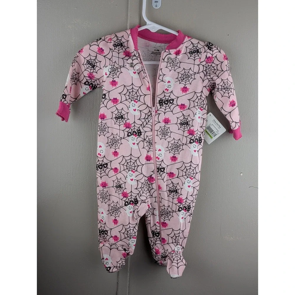 Celebration Halloween Pink Ghost Spiderweb Zip Up Footed Sleeper 0-3M NWT